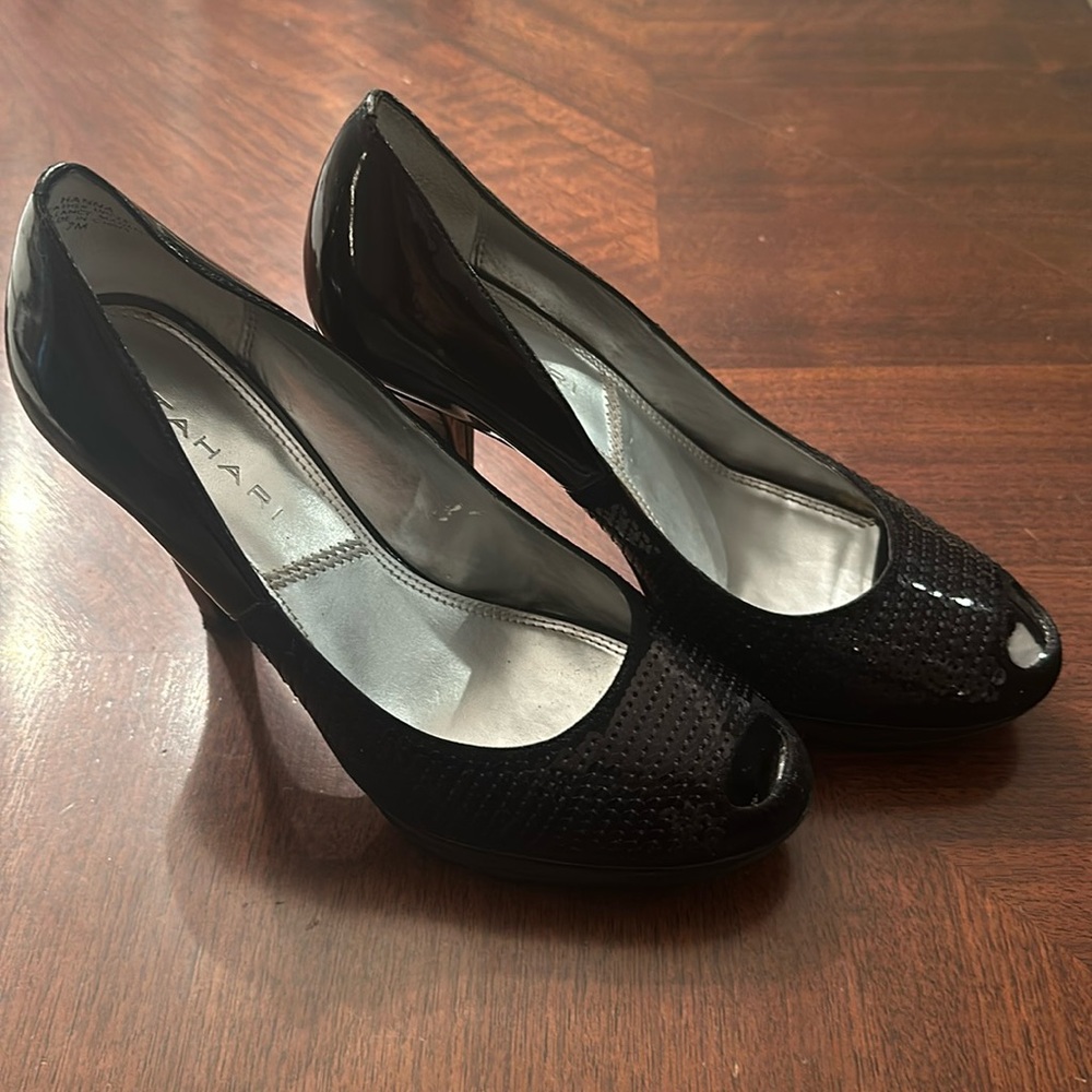 Tahari black leather peep toe sequin pumps